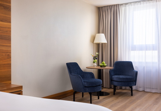 NH Zandvoort Rooms Standard Blue Chairs Curtains Closed Green Apples Flowers